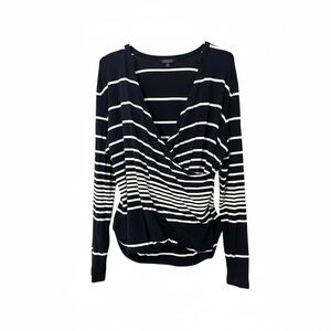 Bloomings Womens Navy White Striped Top Sz XL Crossover V Neck Long Sleeve